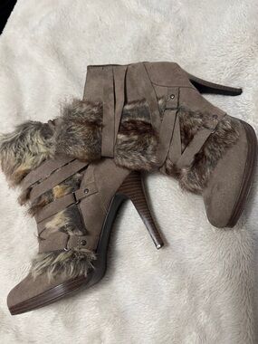 Material Girl | Taupe Faux-Fur Strappy Suede Stiletto Ankle Boots | 8